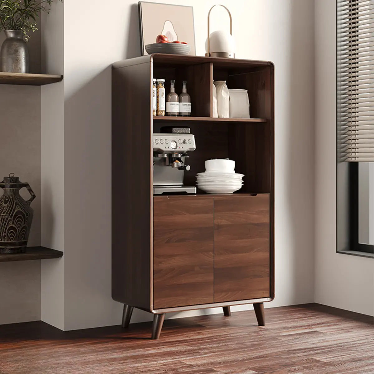 Walnut Brown Large Sideboard with Storage and Shelves Image - 11