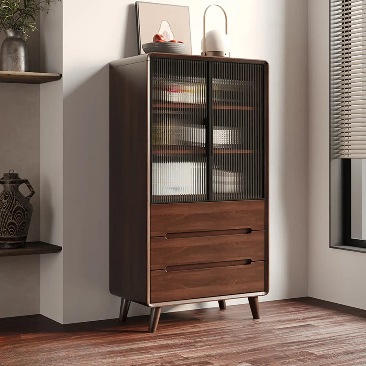 Walnut Brown Large Sideboard with Storage and Shelves Image - 2