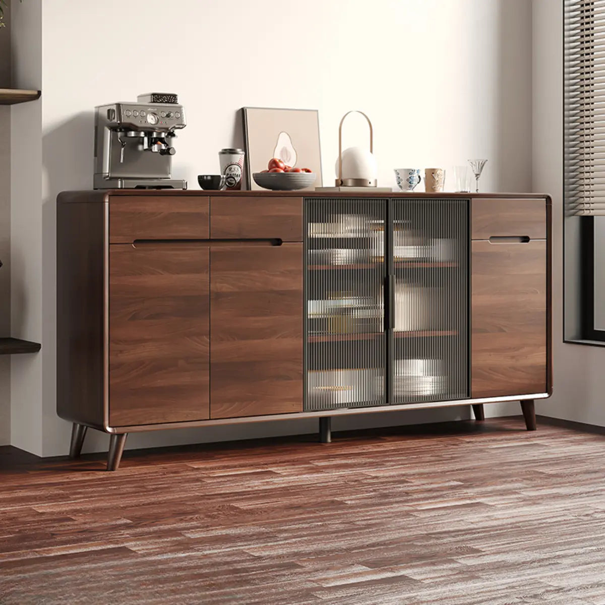 Walnut Brown Large Sideboard with Storage and Shelves Image - 3