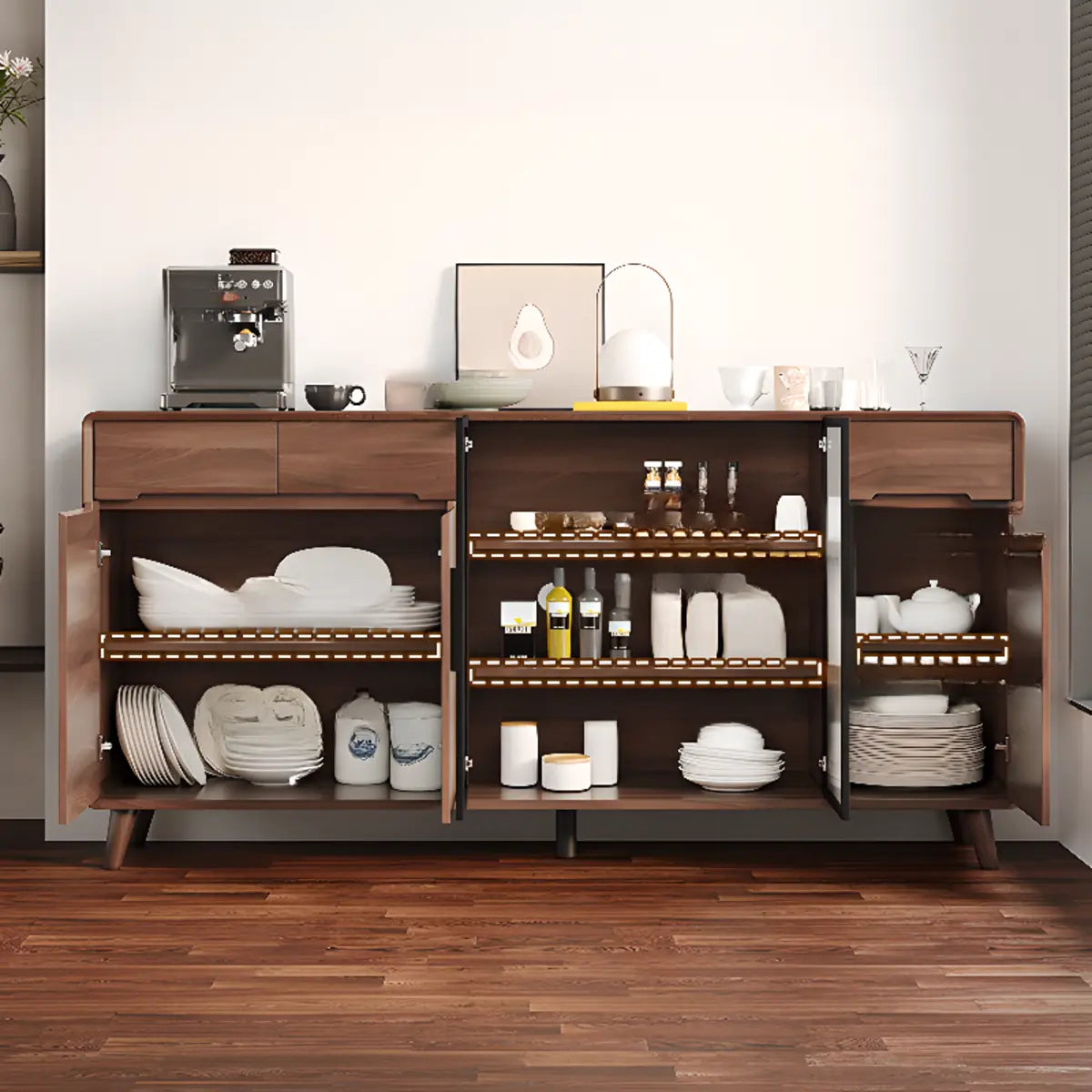 Walnut Brown Large Sideboard with Storage and Shelves Image - 4