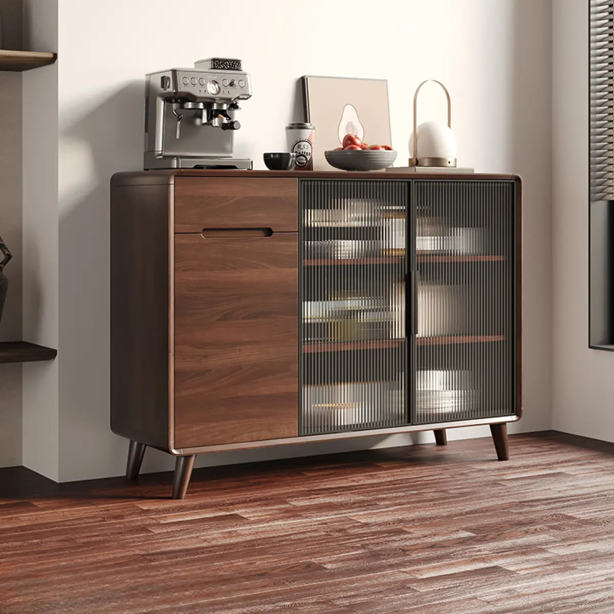 Walnut Brown Large Sideboard with Storage and Shelves Image - 5