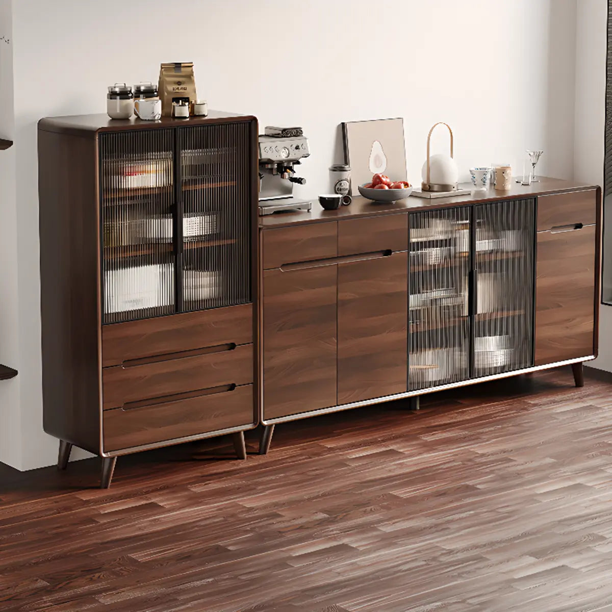 Walnut Brown Large Sideboard with Storage and Shelves Image - 6