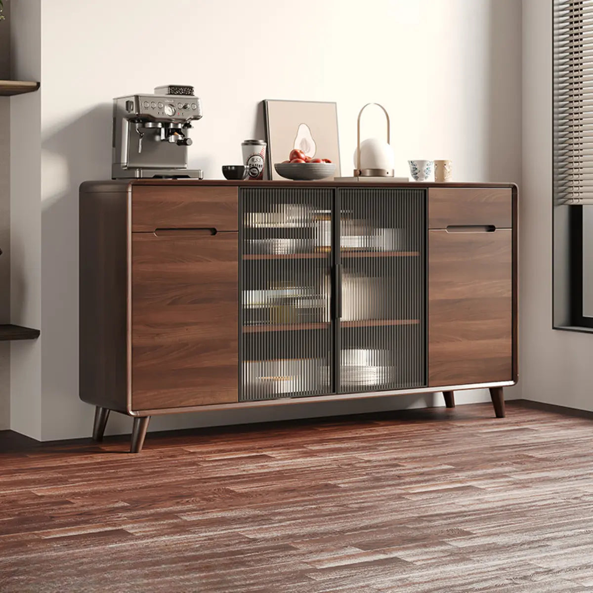 Walnut Brown Large Sideboard with Storage and Shelves Image - 7