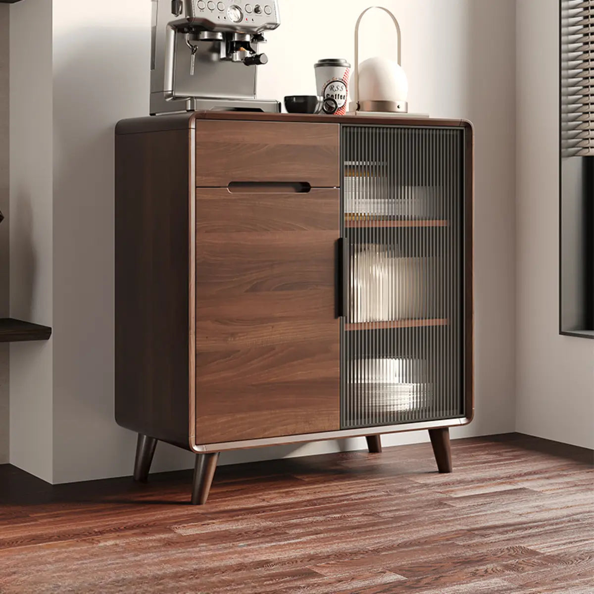 Walnut Brown Large Sideboard with Storage and Shelves Image - 9