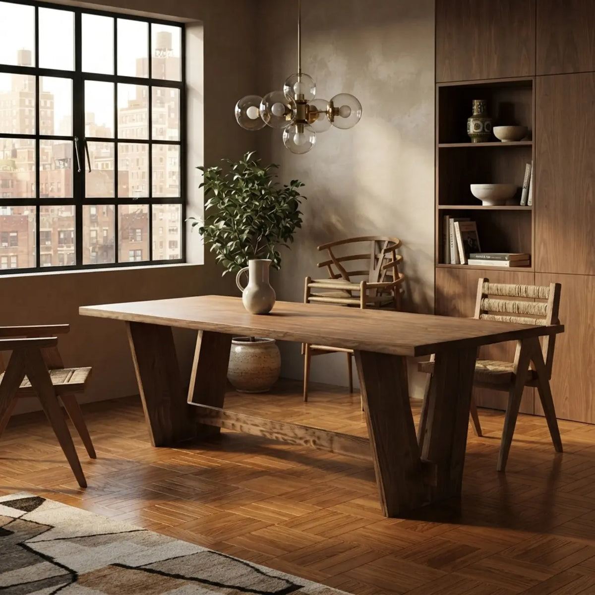 Walnut Finish Solid Pine Wood Rectangular Dining Table with 4 Legs Image - 6