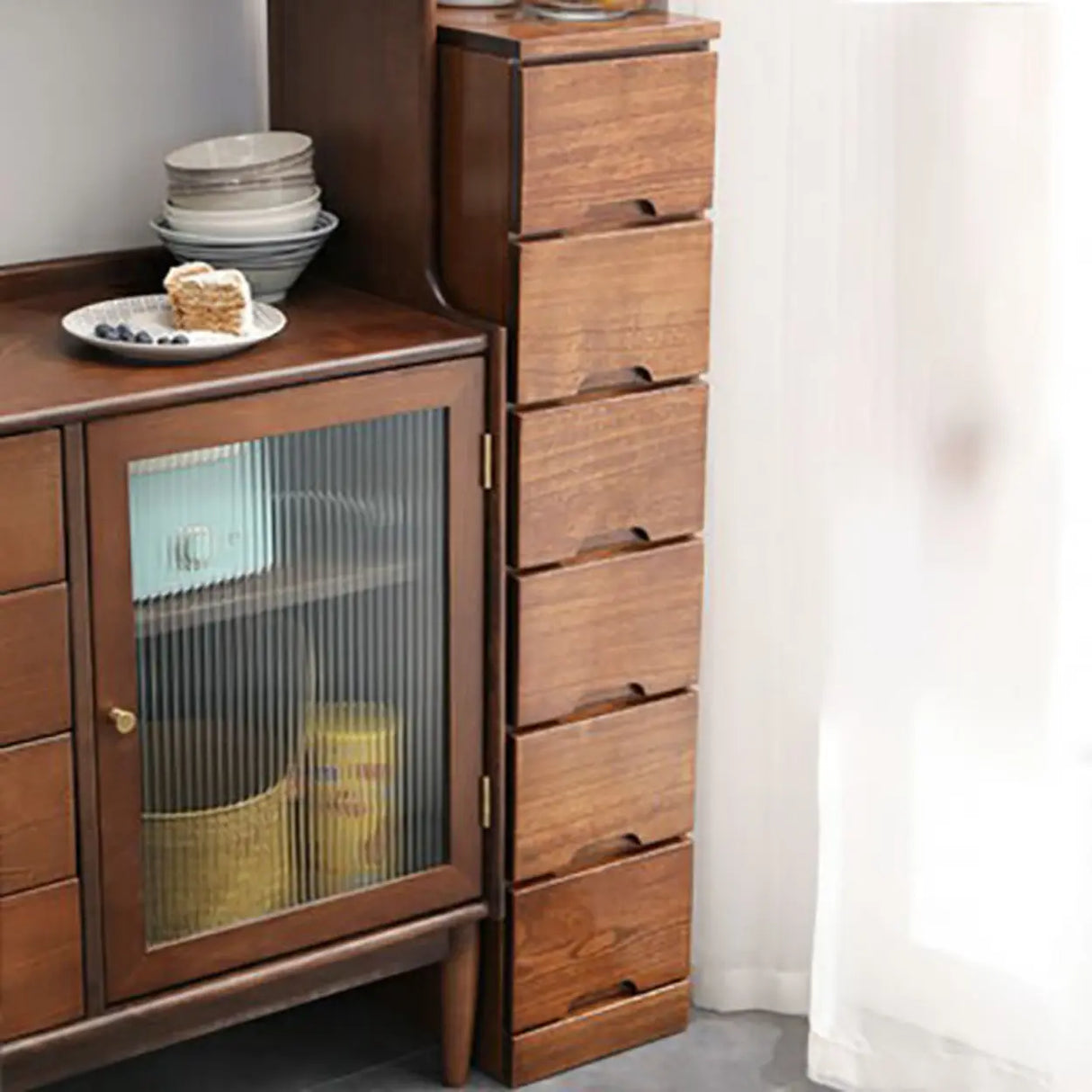 Walnut Finish Wood Step Design Chest with Drawers Image - 4
