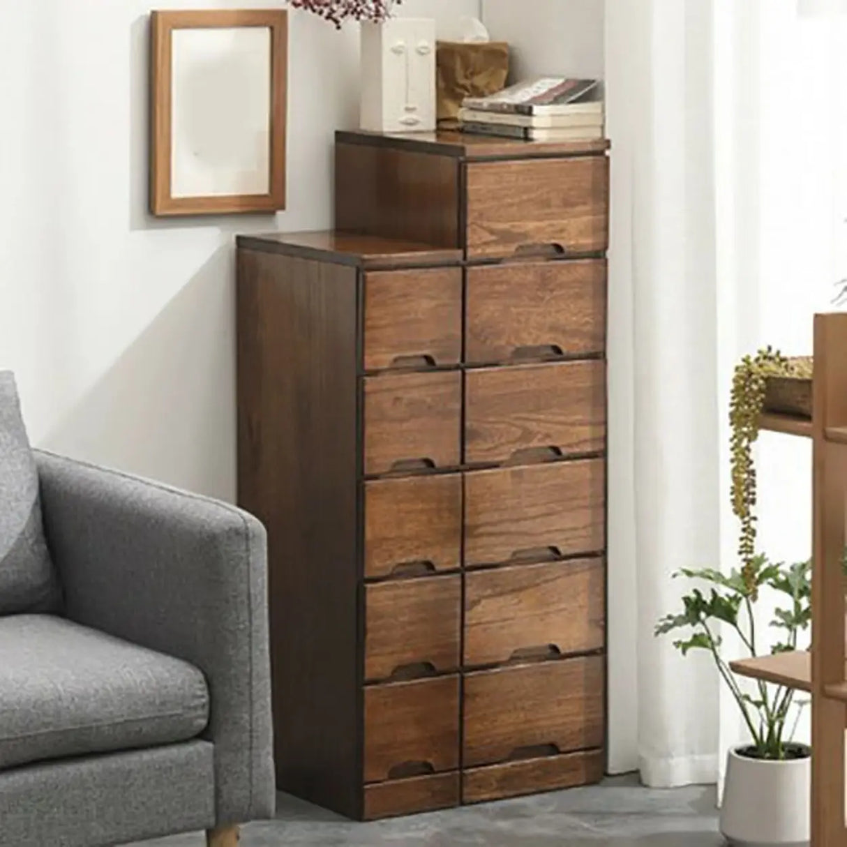 Walnut Finish Wood Step Design Chest with Drawers Image - 5