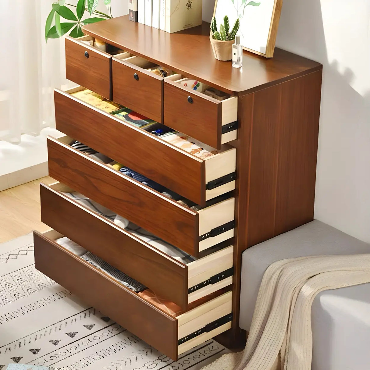 Walnut Finish Wooden Dresser with Soft-Close Drawers Image - 6