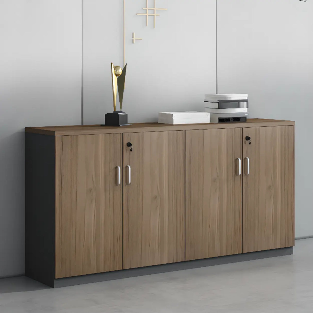 Walnut Finish Wooden Lateral Cabinet with Key Lock Image - 1
