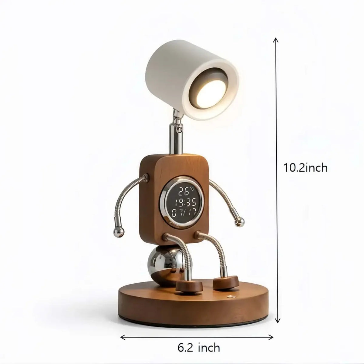 Walnut LED table lamp with digital clock showing 10.2-inch height and 6.2-inch base width