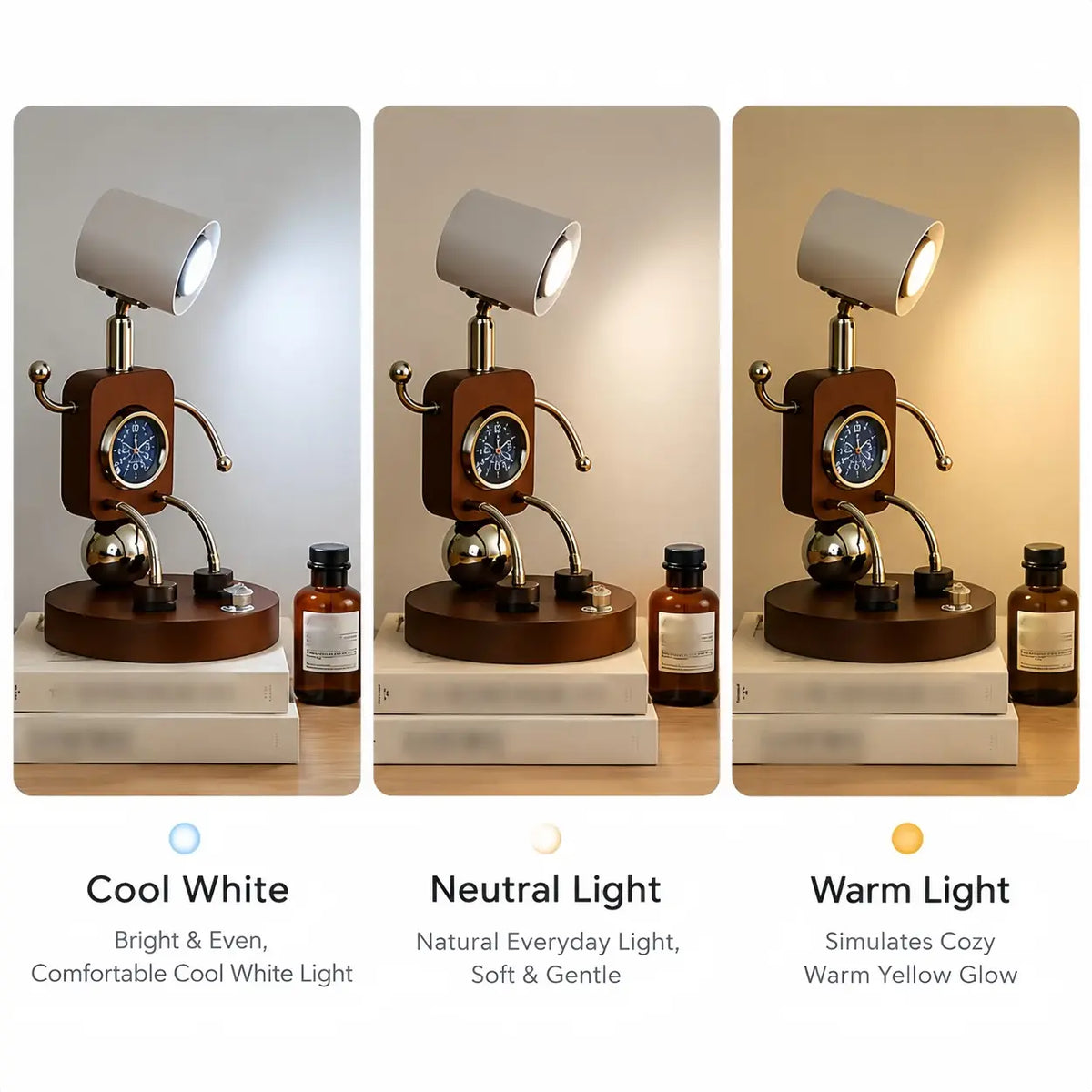 Walnut wood table lamp with digital clock, temperature display, and three LED light modes