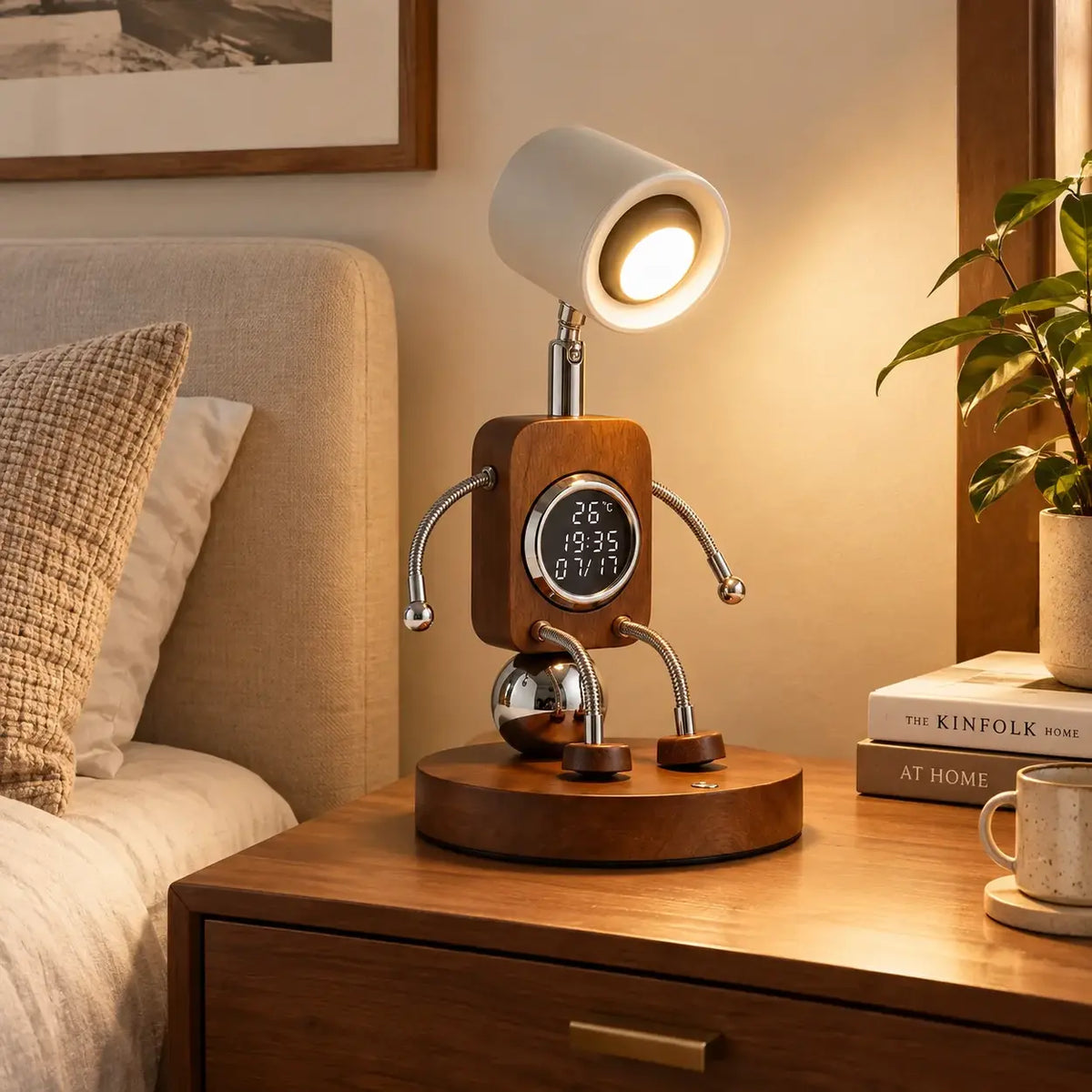 Multifunctional walnut LED bedside lamp with digital clock and temperature display