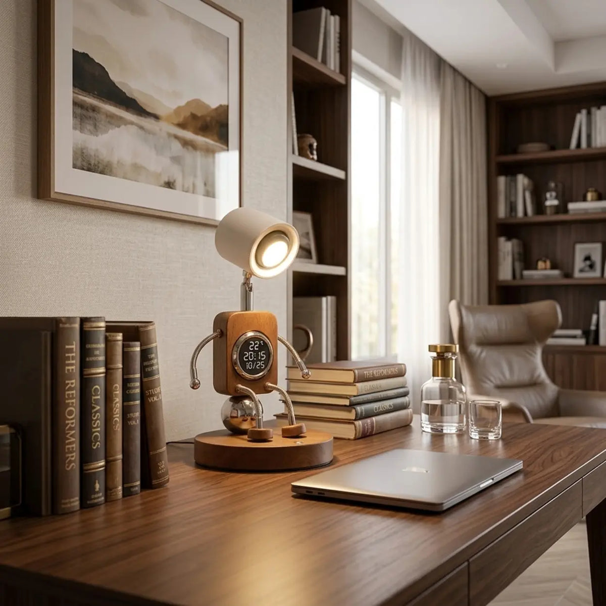 Wooden LED reading lamp with digital clock for a home office, study, or living room
