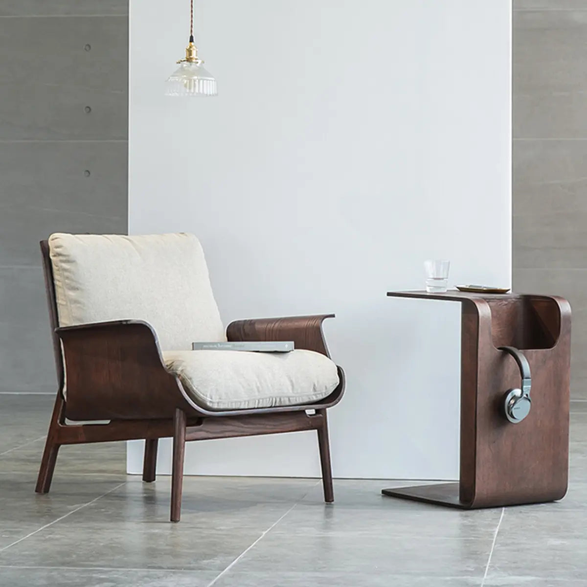 Walnut Oak Four Legs Linen Cushion Back Lounge Chair Image - 1