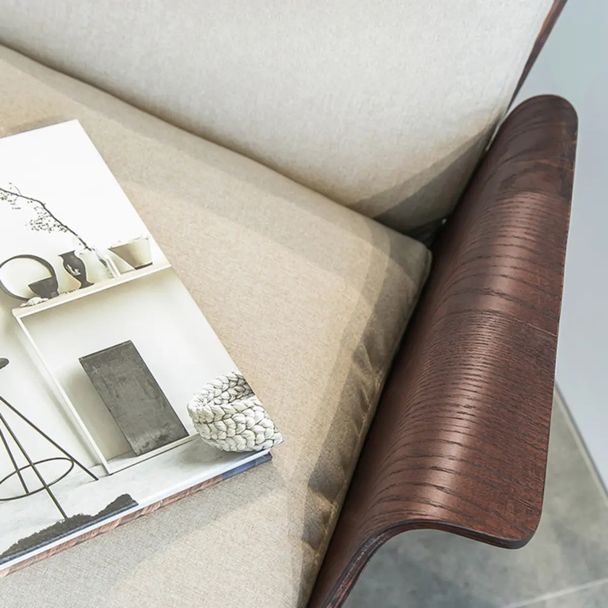 Walnut Oak Four Legs Linen Cushion Back Lounge Chair Image - 10