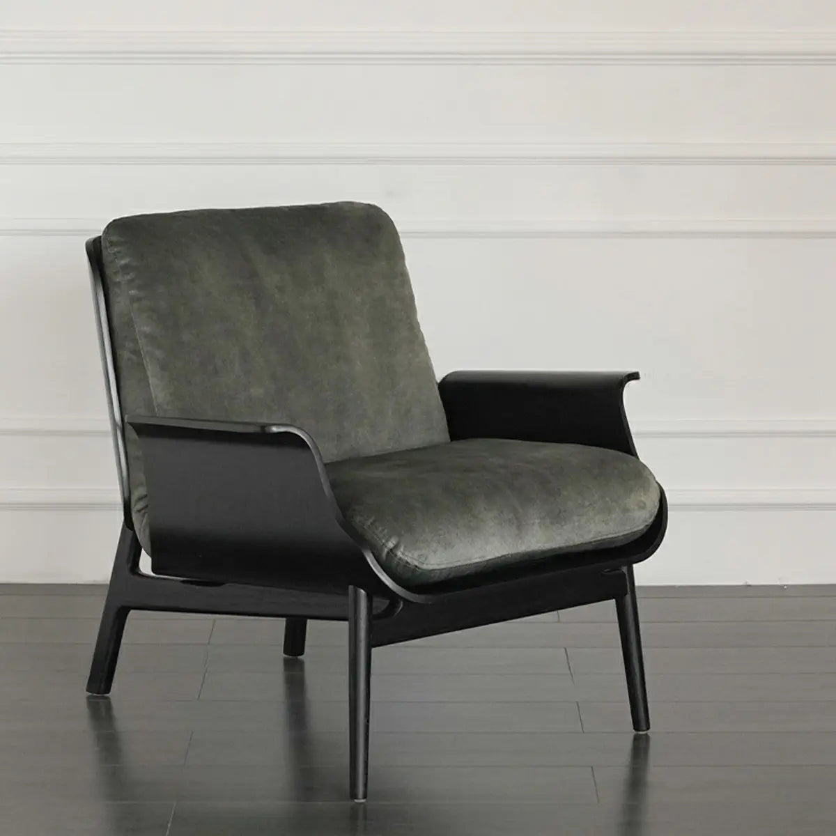 Walnut Oak Four Legs Linen Cushion Back Lounge Chair Image - 15