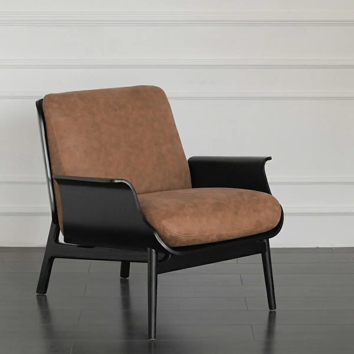 Walnut Oak Four Legs Linen Cushion Back Lounge Chair Image - 16