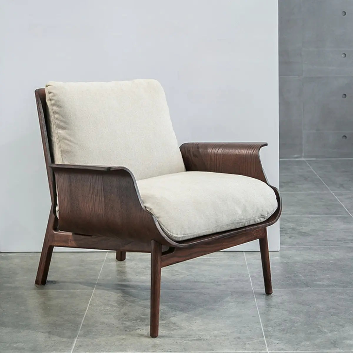 Walnut Oak Four Legs Linen Cushion Back Lounge Chair Image - 17