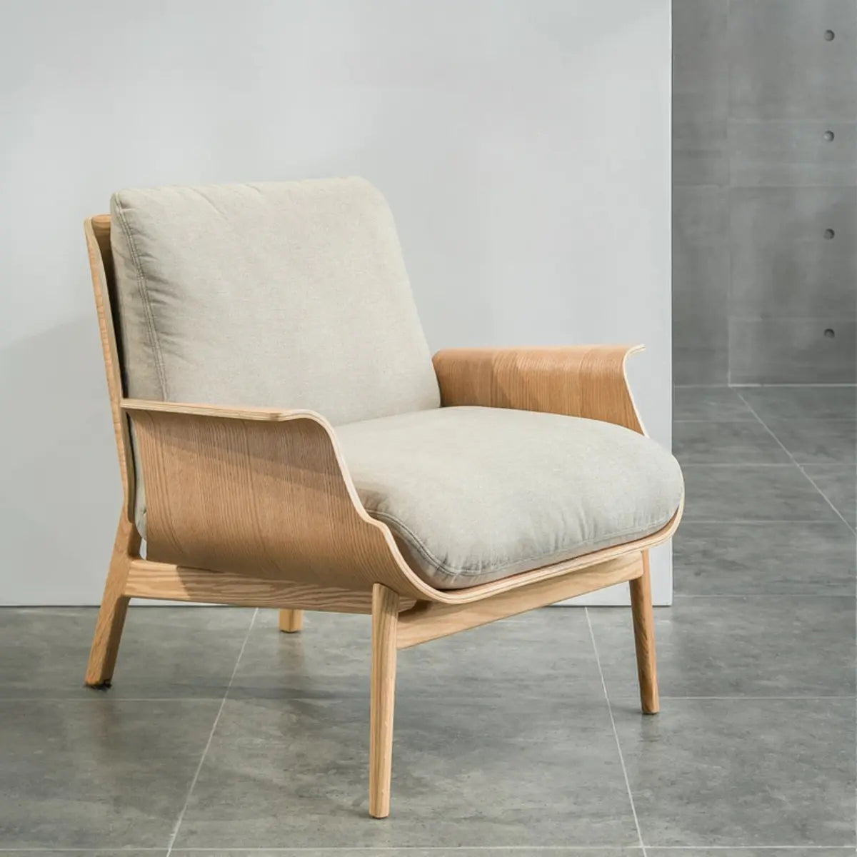 Walnut Oak Four Legs Linen Cushion Back Lounge Chair Image - 18