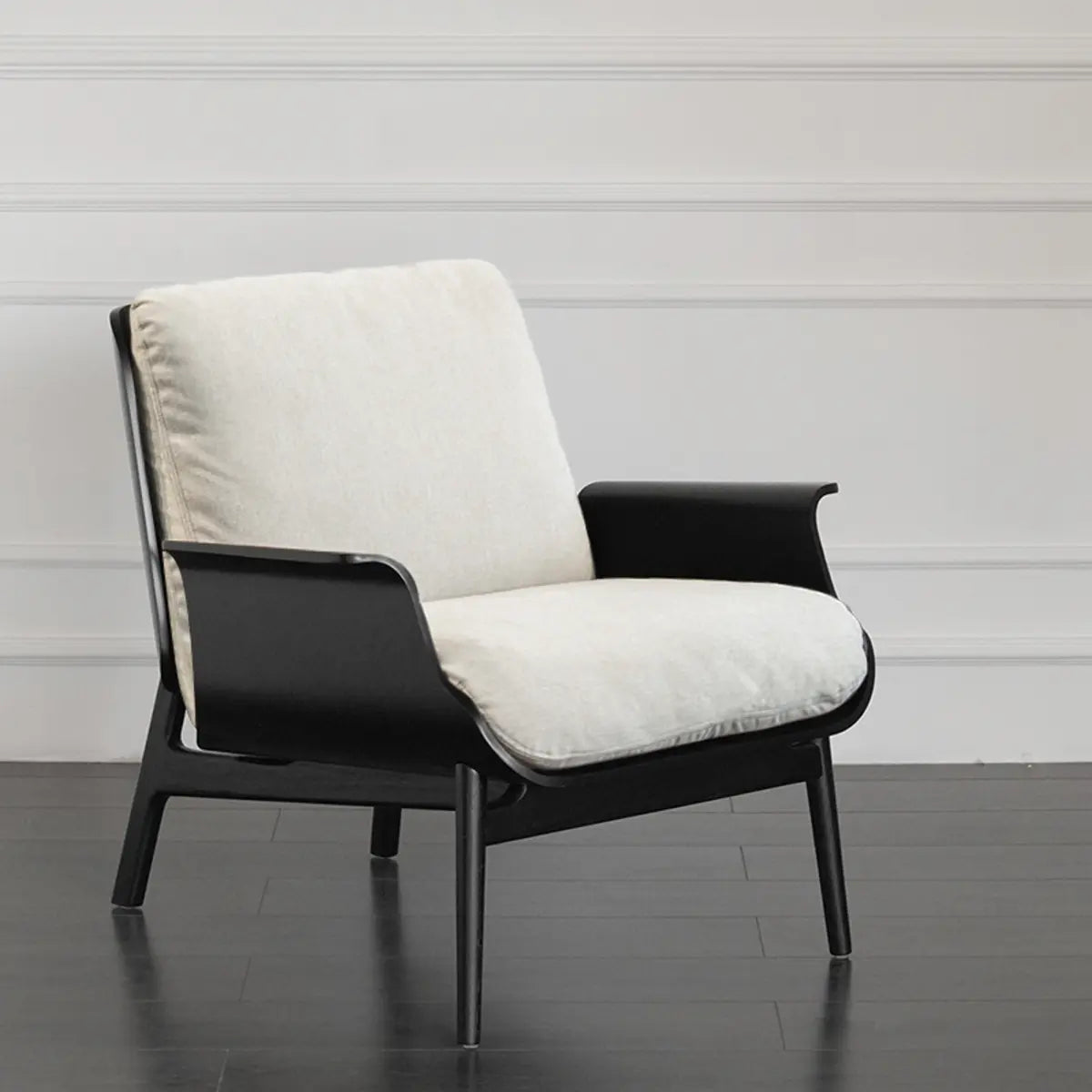 Walnut Oak Four Legs Linen Cushion Back Lounge Chair Image - 2