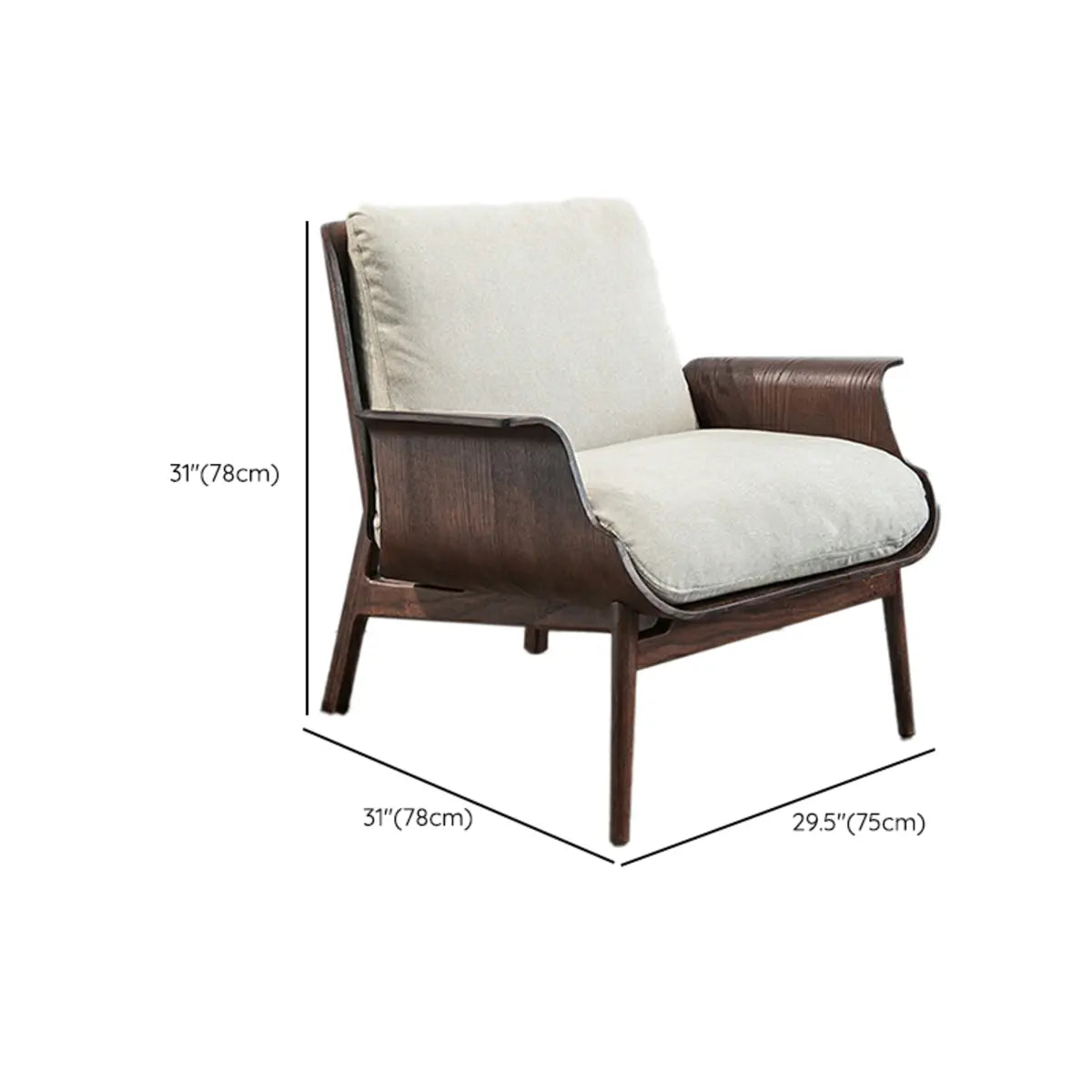 Walnut Oak Four Legs Linen Cushion Back Lounge Chair Image - 22