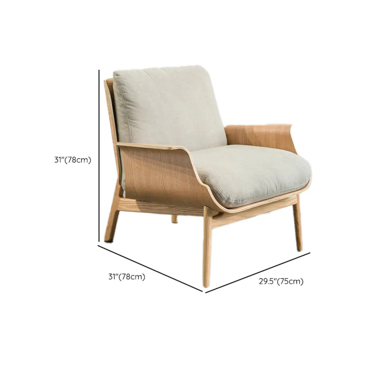 Walnut Oak Four Legs Linen Cushion Back Lounge Chair Image - 24