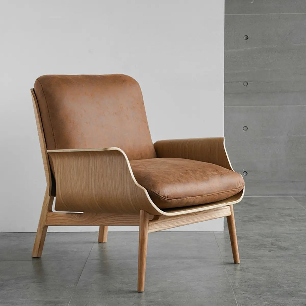 Walnut Oak Four Legs Linen Cushion Back Lounge Chair Image - 3