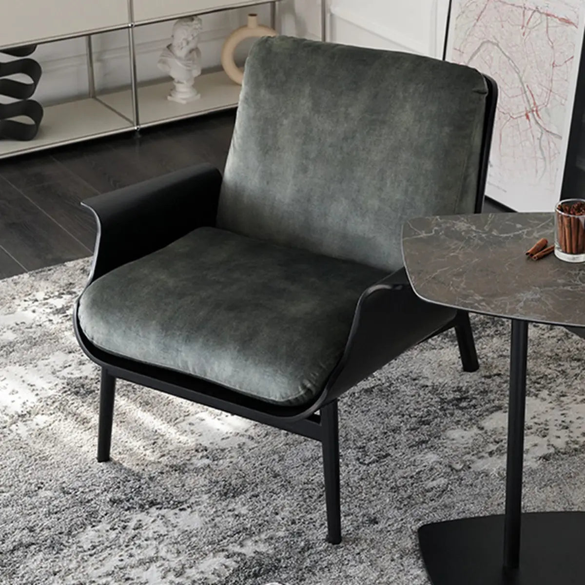 Walnut Oak Four Legs Linen Cushion Back Lounge Chair Image - 4