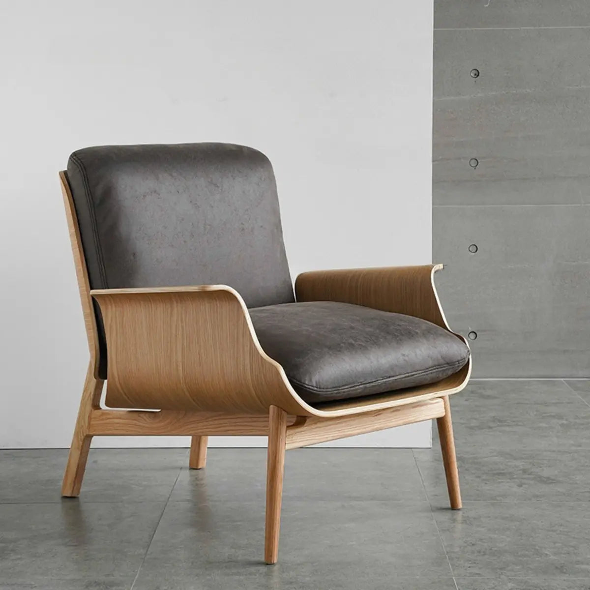 Walnut Oak Four Legs Linen Cushion Back Lounge Chair Image - 5