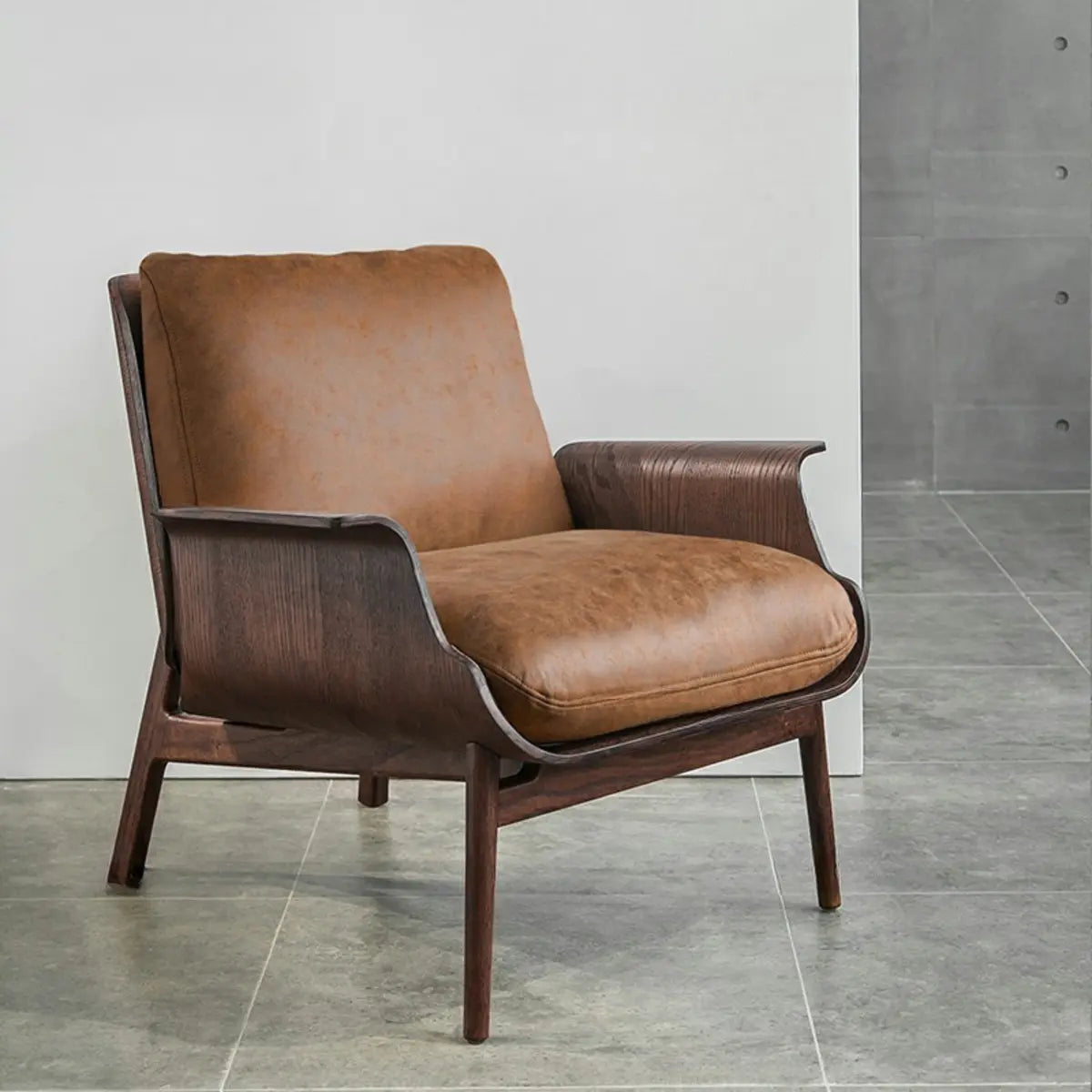 Walnut Oak Four Legs Linen Cushion Back Lounge Chair Image - 6