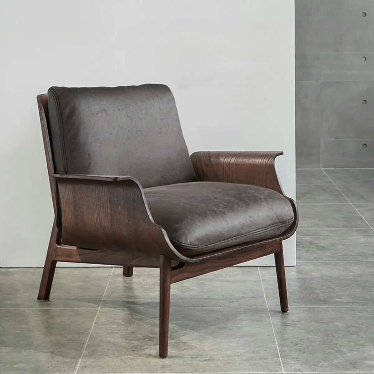 Walnut Oak Four Legs Linen Cushion Back Lounge Chair Image - 7