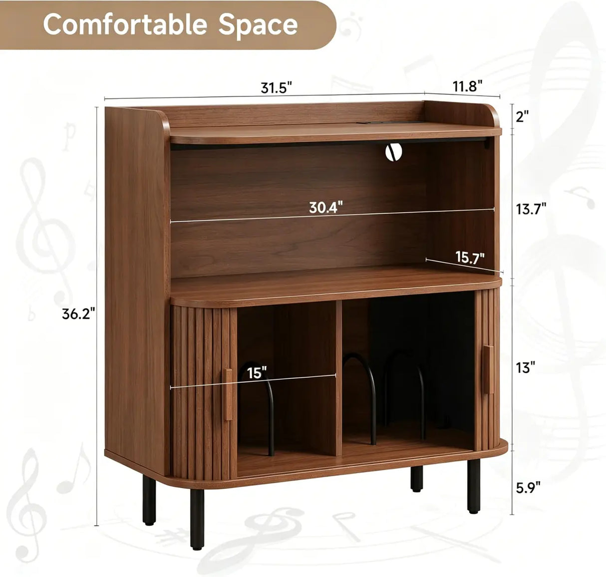 Walnut Record Player Stand with Vinyl Storage and Tambour Doors