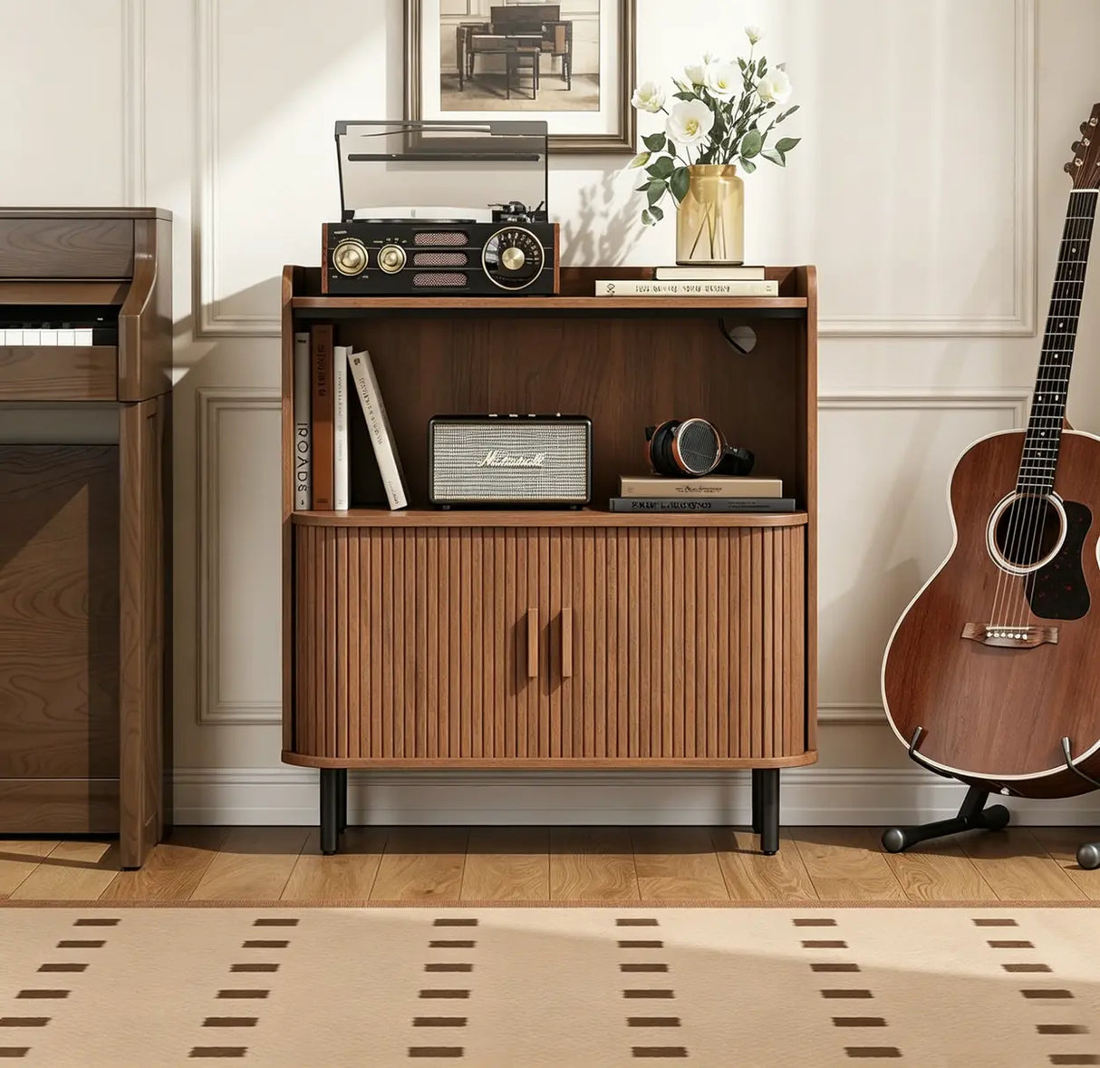 Walnut Record Player Stand with Vinyl Storage and Tambour Doors Image - 2