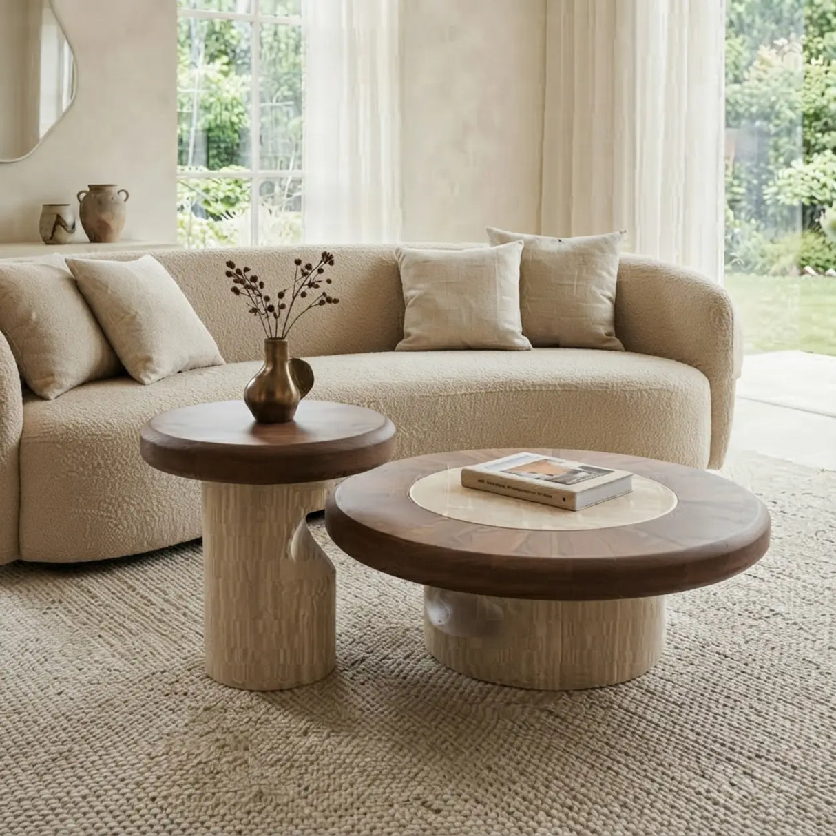 Two-piece walnut round coffee table set with a large coffee table and matching side table, wood-veneer tops, cream stone inlay and curved stone bases in a bright living room
