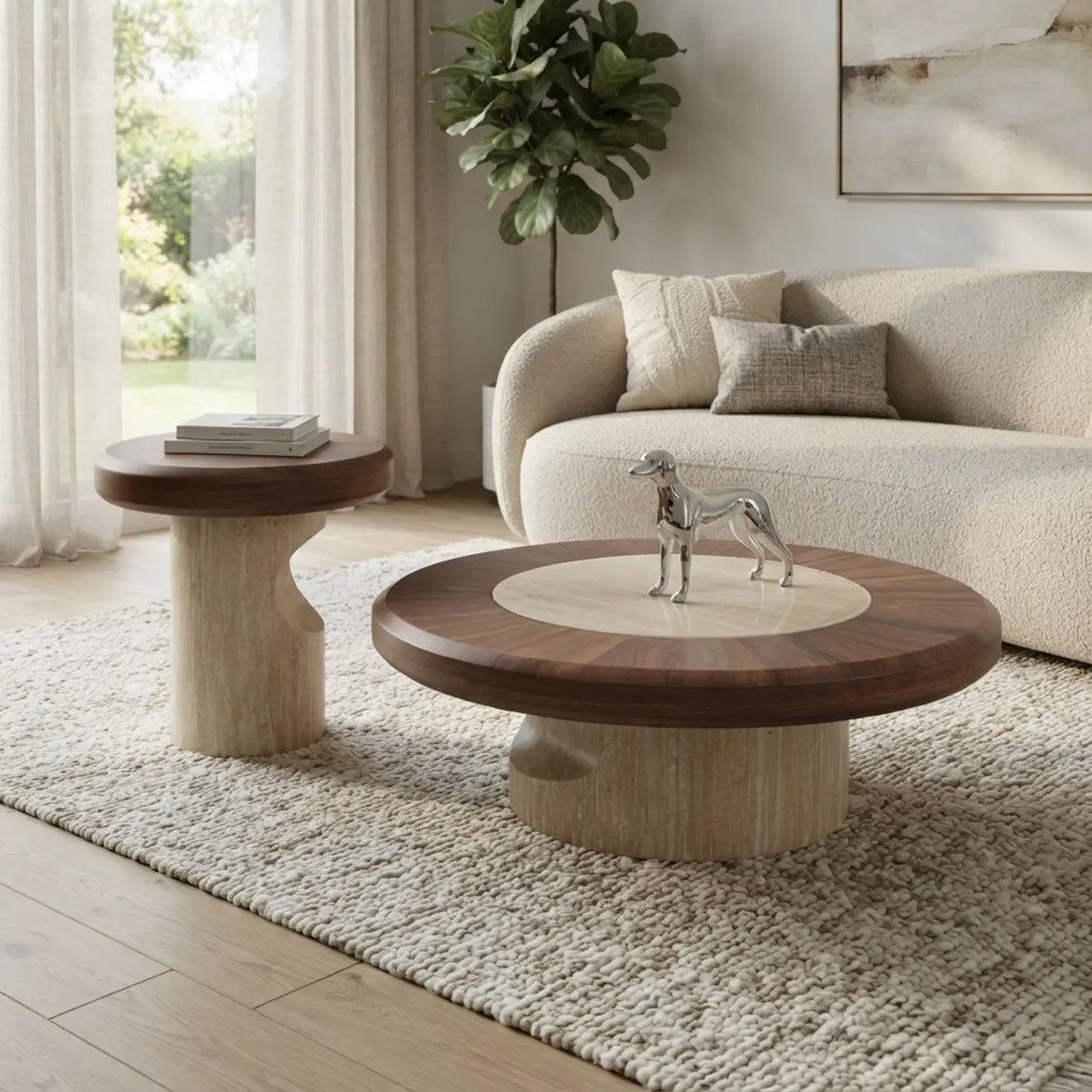 Walnut round coffee table set with large and small round tables, walnut wood-veneer tops, cream stone inlay and curved stone bases in a modern living room