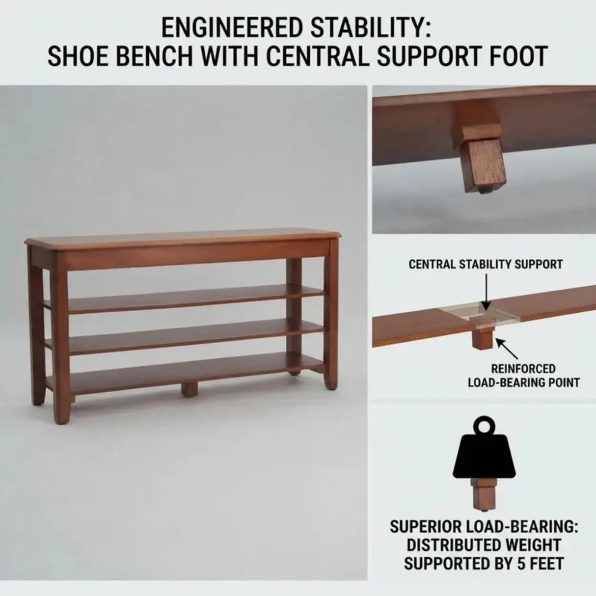 Walnut Rubber Wood Shoe Bench with Adjustable Shelves, 2 or 3 Tier Image - 3