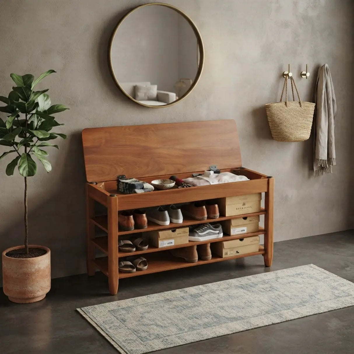 Walnut Rubber Wood Shoe Storage Bench with Adjustable Shelves Image - 10