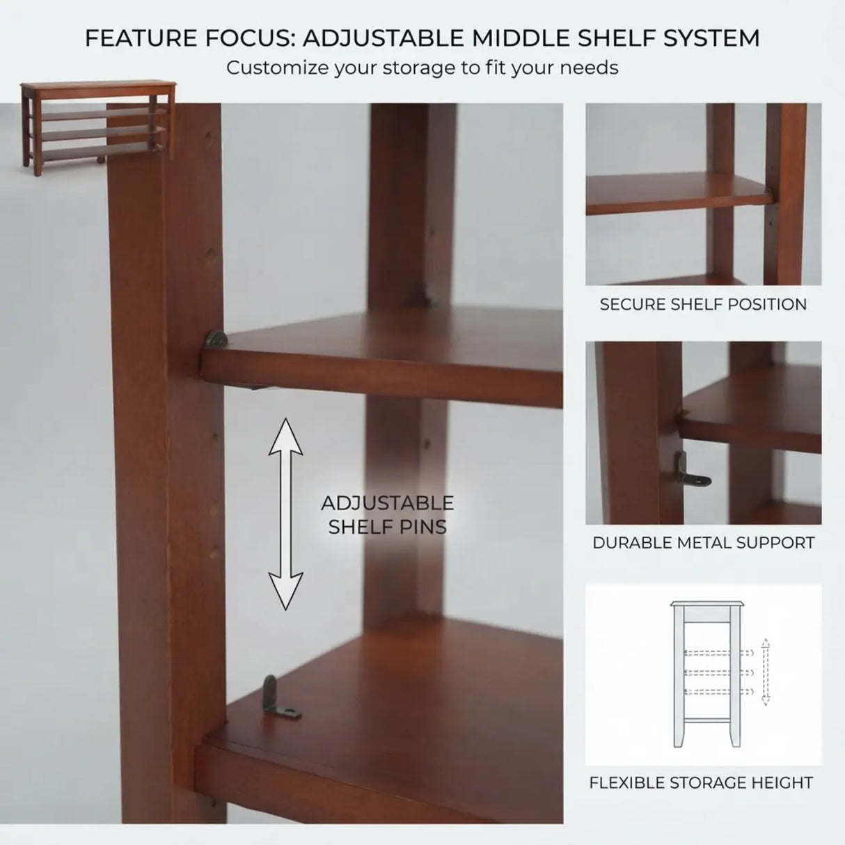 Walnut Rubber Wood Shoe Storage Bench with Adjustable Shelves Image - 4