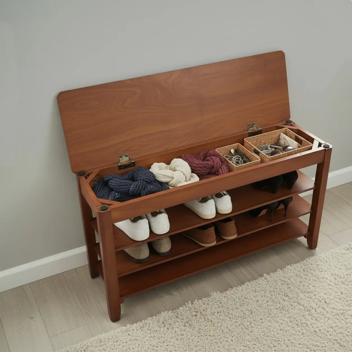 Walnut Rubber Wood Shoe Storage Bench with Adjustable Shelves Image - 7