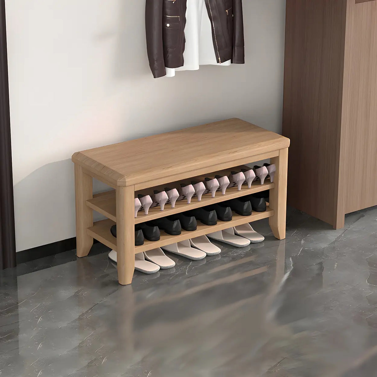 Walnut Rubberwood Entryway Bench with Shoe Storage Image - 11