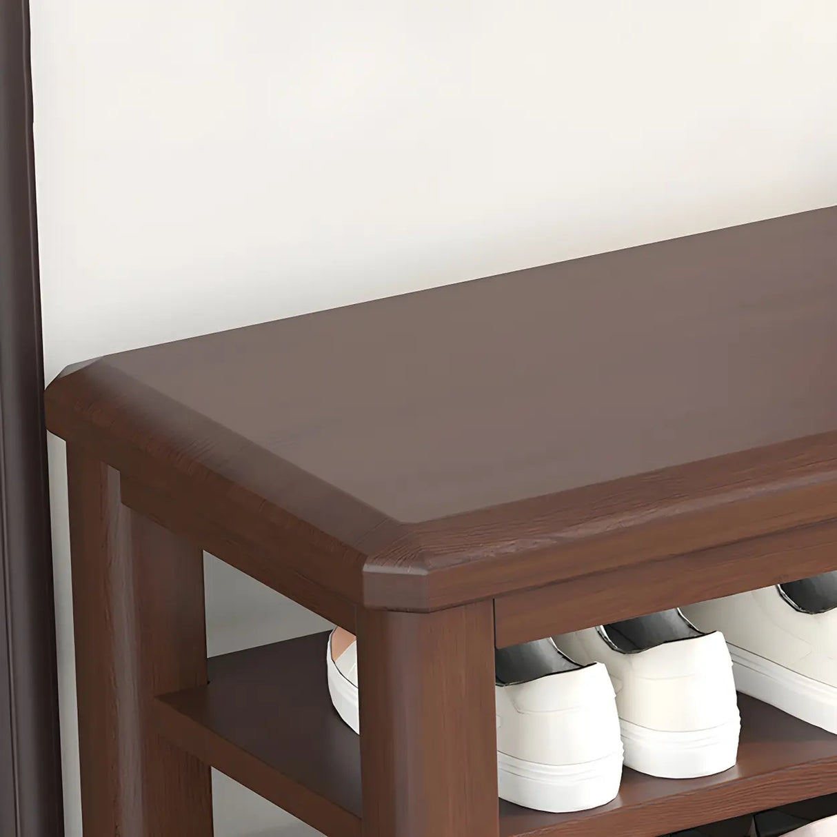 Walnut Rubberwood Entryway Bench with Shoe Storage Image - 13