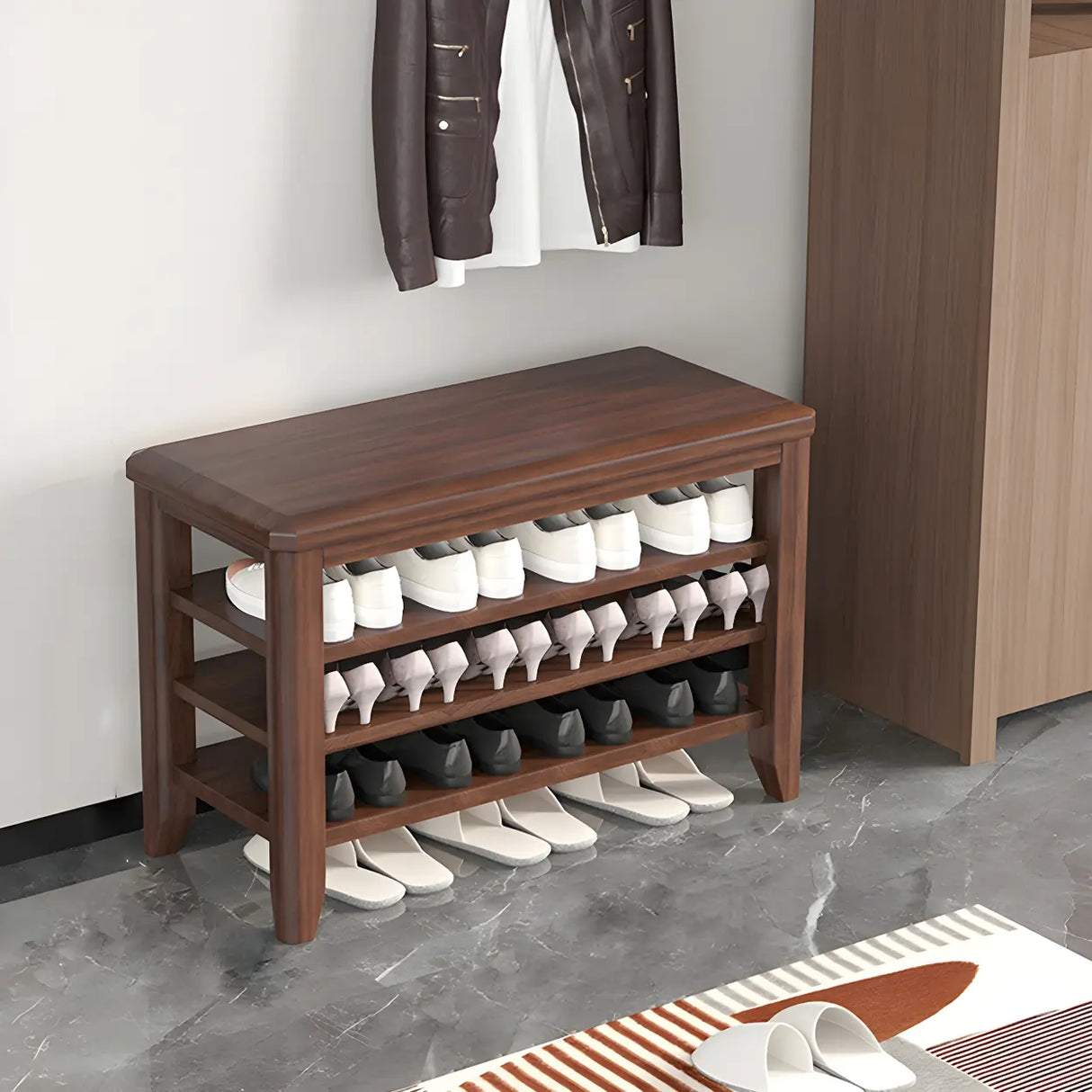 Walnut Rubberwood Entryway Bench with Shoe Storage Image - 14