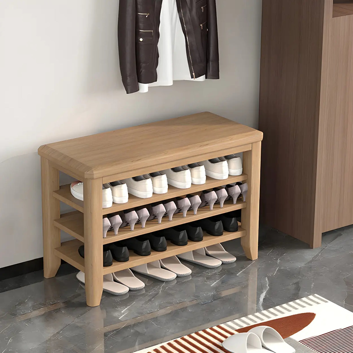 Walnut Rubberwood Entryway Bench with Shoe Storage Image - 15
