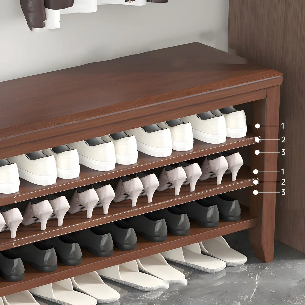 Walnut Rubberwood Entryway Bench with Shoe Storage Image - 16