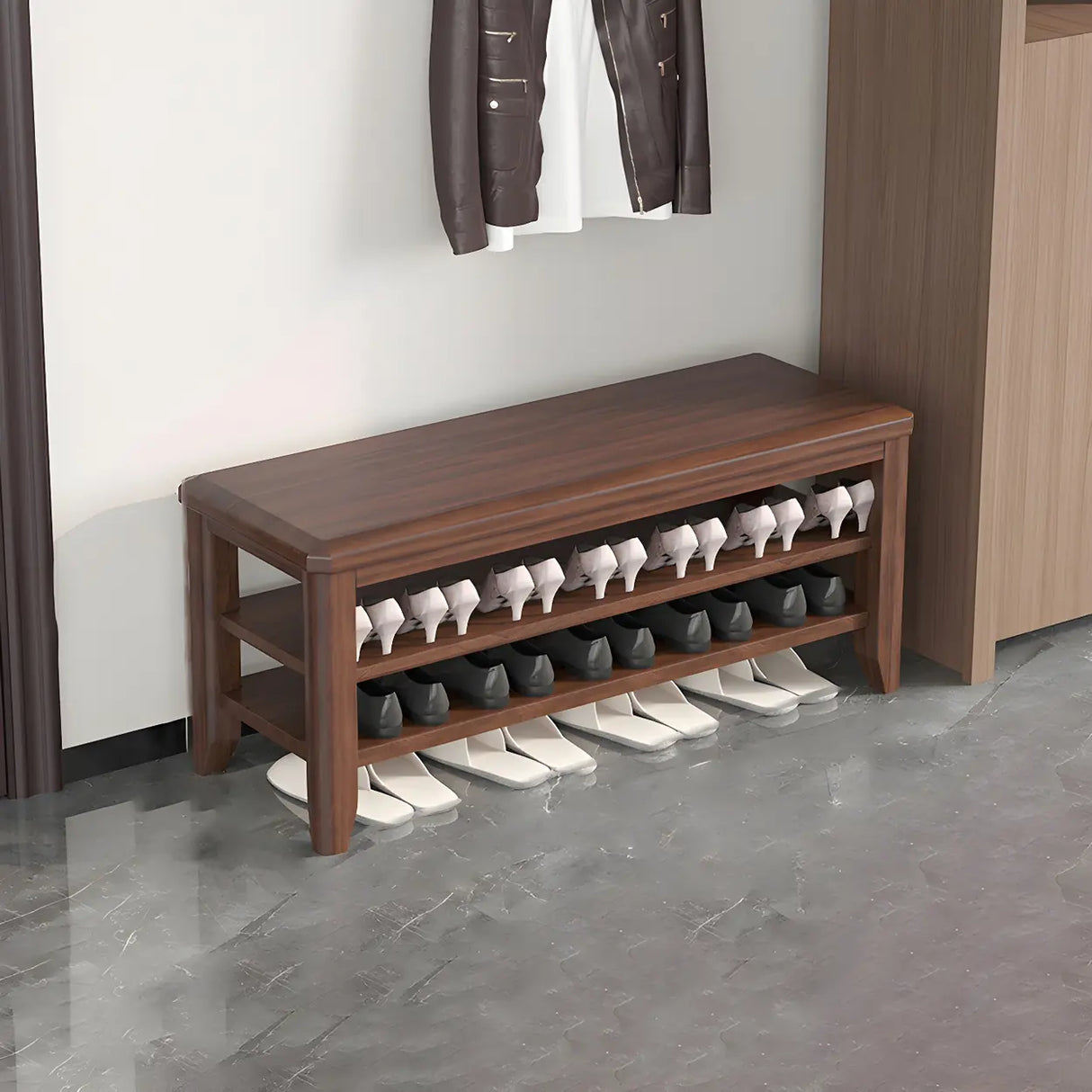 Walnut Rubberwood Entryway Bench with Shoe Storage Image - 18