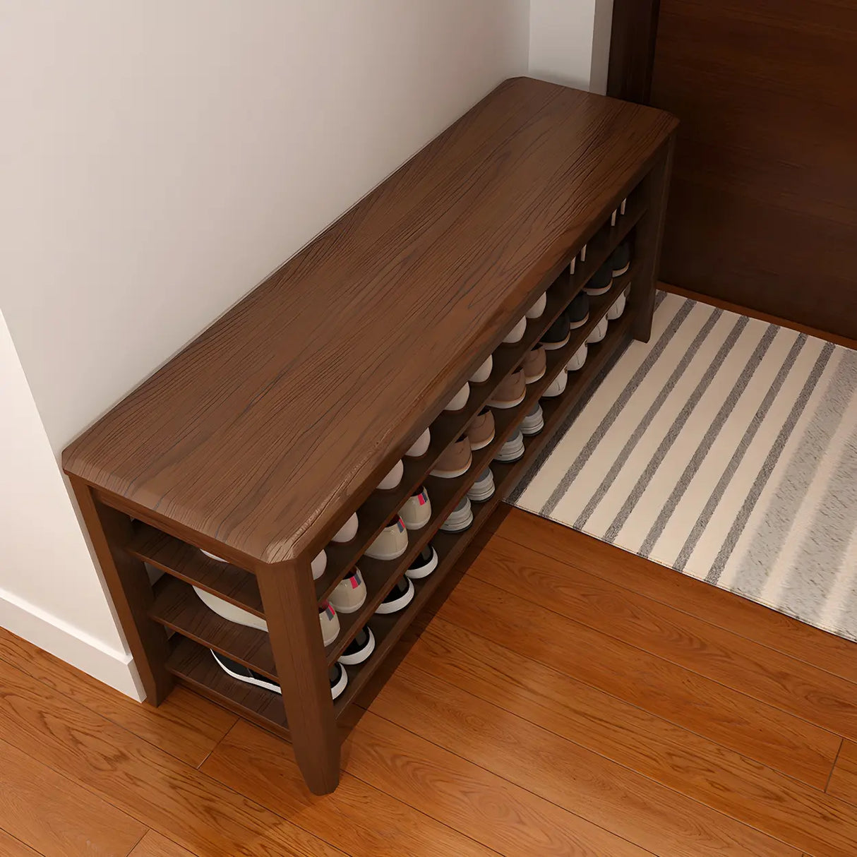 Walnut Rubberwood Entryway Bench with Shoe Storage Image - 19