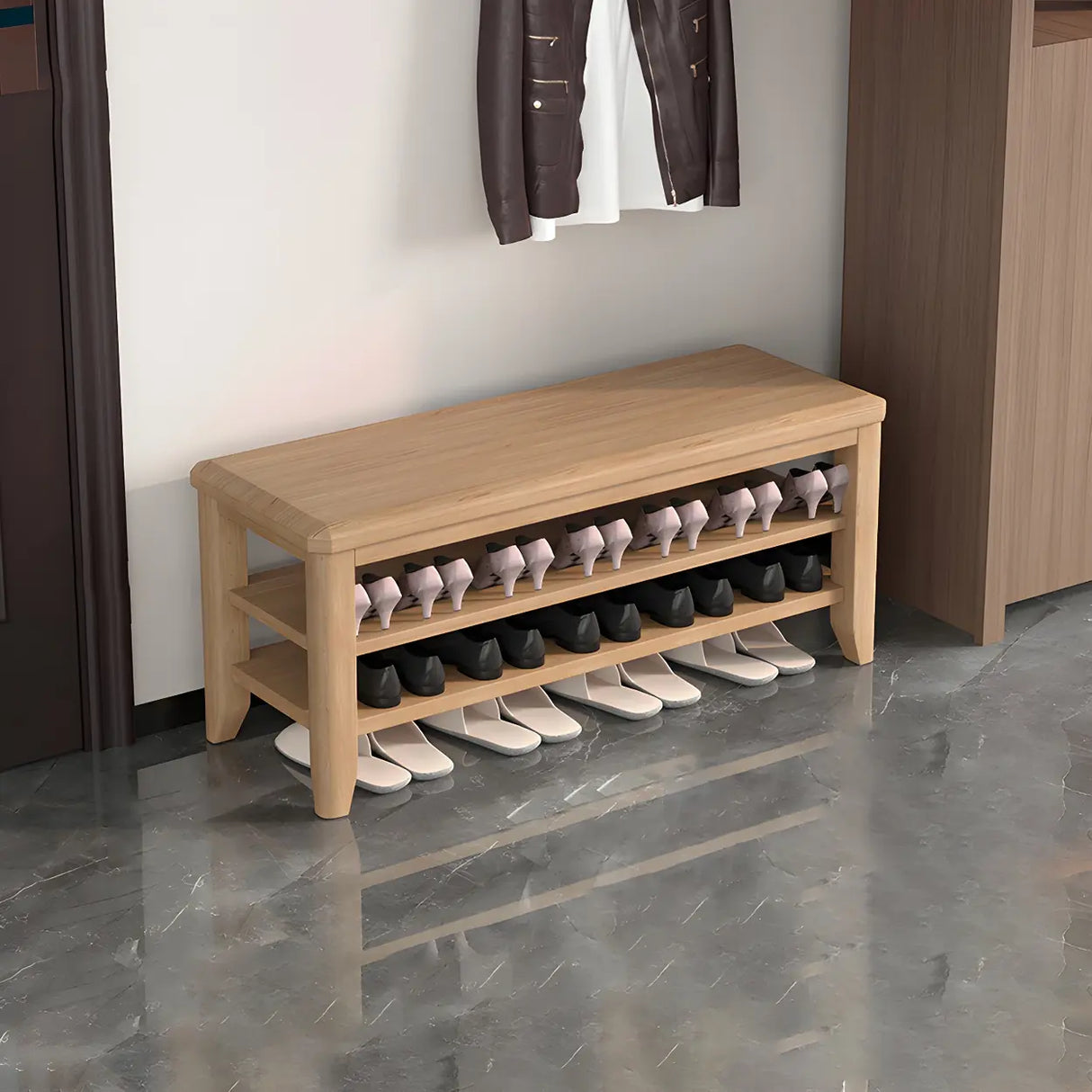 Walnut Rubberwood Entryway Bench with Shoe Storage Image - 20