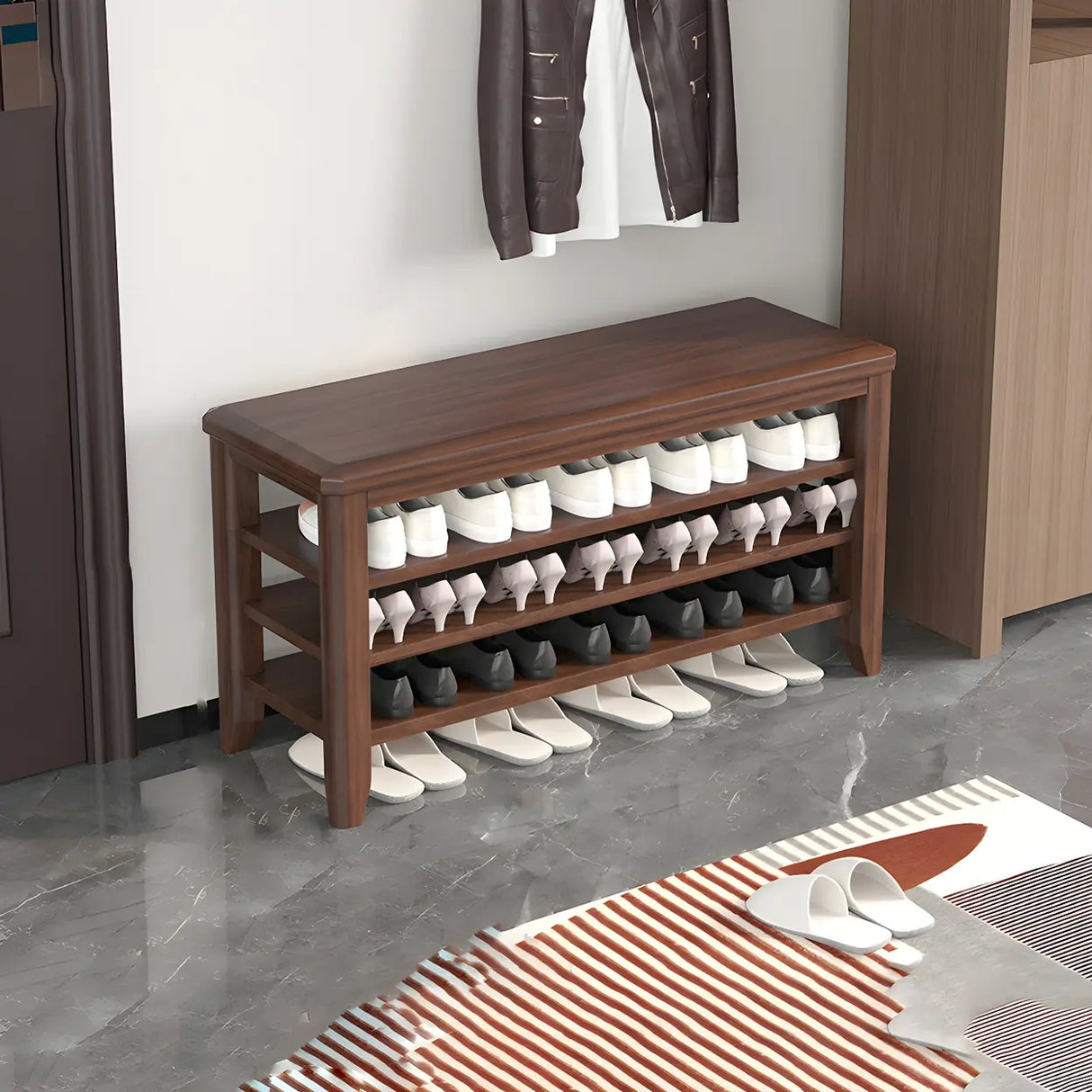 Walnut Rubberwood Entryway Bench with Shoe Storage Image - 21