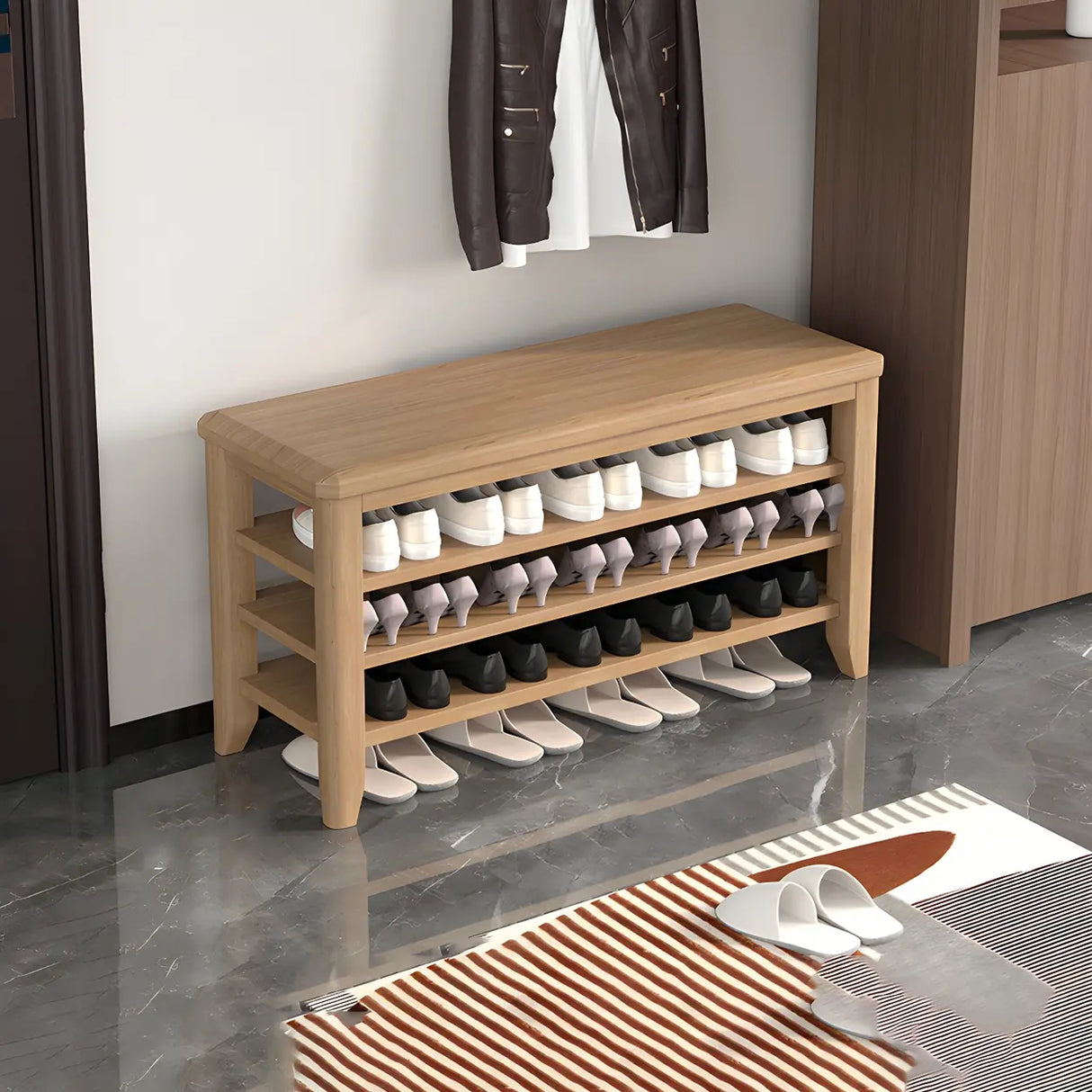 Walnut Rubberwood Entryway Bench with Shoe Storage Image - 22