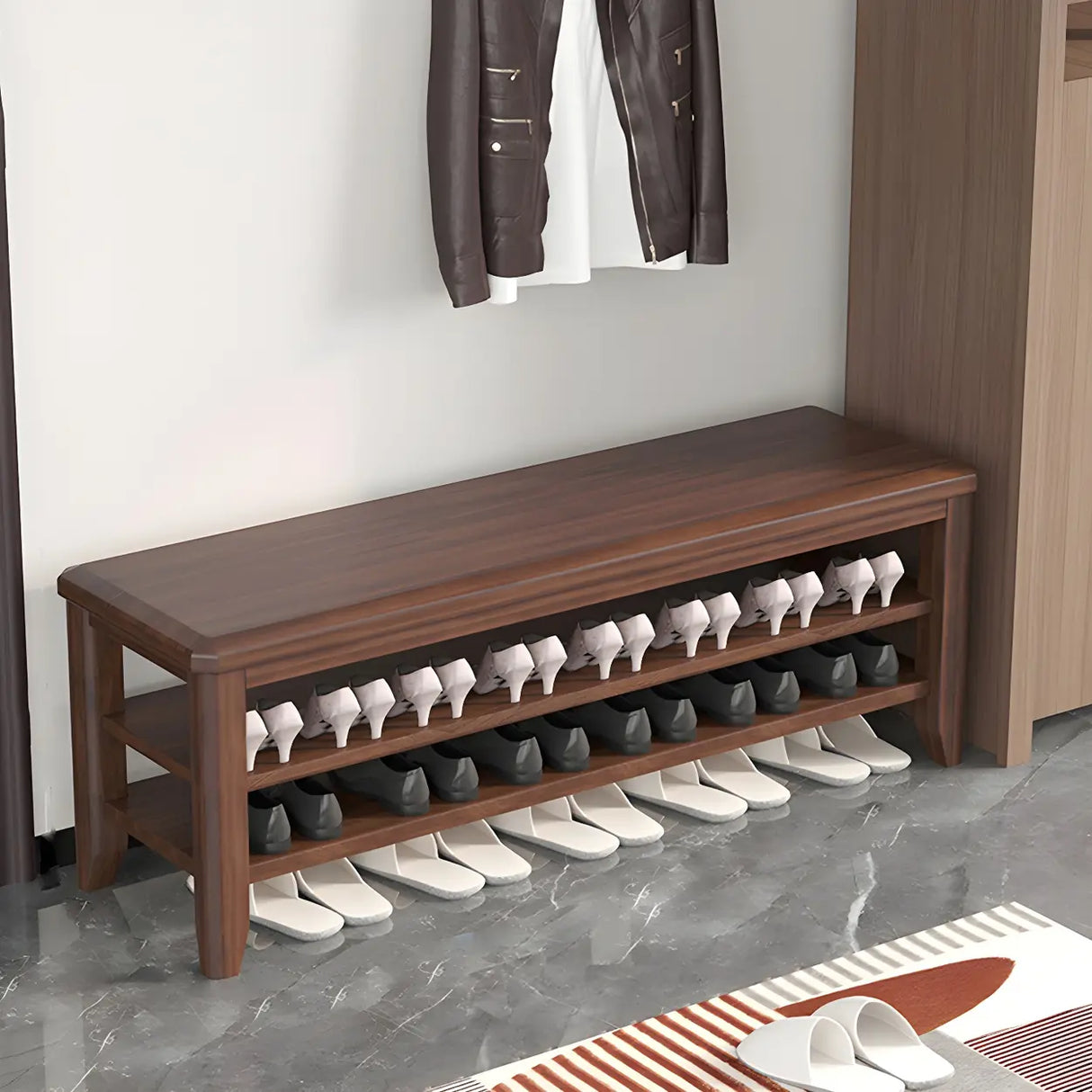 Walnut Rubberwood Entryway Bench with Shoe Storage Image - 23
